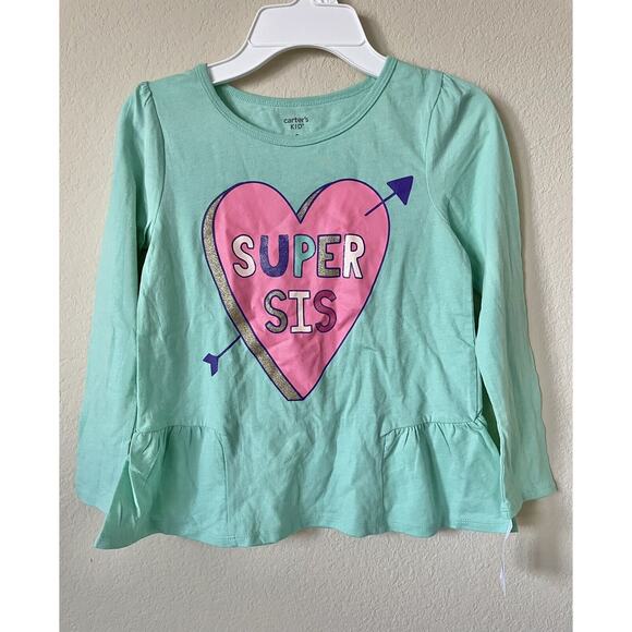 Carter's Other - Carter’s Turquoise Sparkle Heart Super Sis Girls’ Long Sleeve Tee Top Size 8